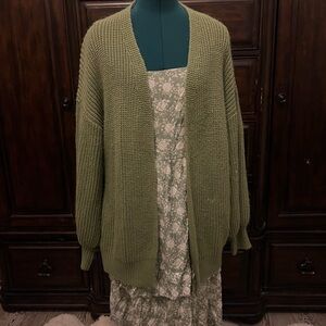 Olive Green Open-Front Women's Cardigan Sweater